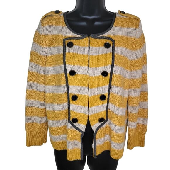 Loft Ann Taylor Mustard Yellow Striped Military Sweater Jacket Size Medium - Picture 2 of 9